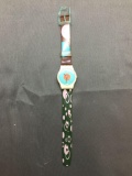 Vintage Women's Swatch Watch with Aqua & Red Dot Face & Multicolored Band - NEW BATTERY - Runs Well