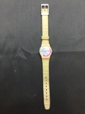 Vintage Women's Swatch Watch with Pink & Aqua Geometric Designed Face & White Band - NEW BATTERY -