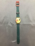 Vintage Women's Swatch Watch with Yellow Face with Designs & Green Bands - NEW BATTERY - Runs Well