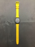 Vintage Women's Swatch Watch with Black Face with Vertical Stripes & Yellow Band - NEW BATTERY -