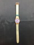 Vintage Women's Swatch Watch with Pink Stripes & Blue Face & Cream Band - NEW BATTERY - Runs Well