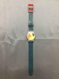 Vintage Women's Swatch Watch with Yellow Face with Designs & Green Bands - NEW BATTERY - Runs Well
