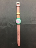 Vintage Women's Swatch Watch with Pink & Green Geometric Designed Face with Pink Band - NEW BATTERY