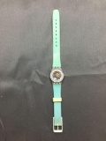 Vintage Women's Swatch Watch with Silver Rim and Clear Face with Aqua Band - NEW BATTERY - Runs Well