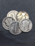 5 Count Lot of Mixed Date United States Mercury Silver Dimes - 90% Silver Coins from COIN STORE