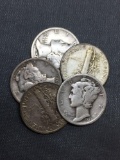 5 Count Lot of Mixed Date United States Mercury Silver Dimes - 90% Silver Coins from COIN STORE