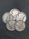 5 Count Lot of Mixed Date United States Mercury Silver Dimes - 90% Silver Coins from COIN STORE