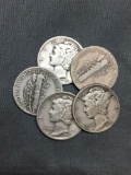 5 Count Lot of Mixed Date United States Mercury Silver Dimes - 90% Silver Coins from COIN STORE