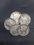 5 Count Lot of Mixed Date United States Mercury Silver Dimes - 90% Silver Coins from COIN STORE