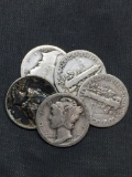 5 Count Lot of Mixed Date United States Mercury Silver Dimes - 90% Silver Coins from COIN STORE