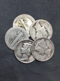 5 Count Lot of Mixed Date United States Mercury Silver Dimes - 90% Silver Coins from COIN STORE