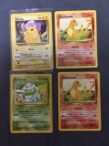 4 Card Lot of 1999 Pokemon Base Set Starters Trading Cards - Pikachu! Charmander! Bulbasaur!