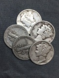 5 Count Lot of Mixed Date United States Mercury Silver Dimes - 90% Silver Coins from COIN STORE