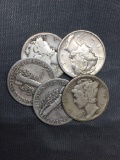 5 Count Lot of Mixed Date United States Mercury Silver Dimes - 90% Silver Coins from COIN STORE