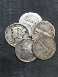 5 Count Lot of Mixed Date United States Mercury Silver Dimes - 90% Silver Coins from COIN STORE