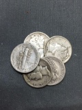 5 Count Lot of Mixed Date United States Mercury Silver Dimes - 90% Silver Coins from COIN STORE