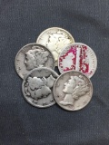 5 Count Lot of Mixed Date United States Mercury Silver Dimes - 90% Silver Coins from COIN STORE