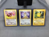3 Count Lot of Pokemon Jungle Starter Trading Cards - Pikachu, Eevee, Meowth