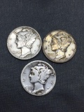 3 Count Lot of Vintage United States Mercury Silver Dimes - 90% Silver Coins from Coin Shop Hoard
