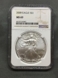 NGC Graded 2009 United States 1 Ounce .999 Fine Silver American Eagle Coin - MS 69