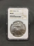 NGC Graded 2001 United States 1 Ounce .999 Fine Silver American Eagle Coin - MS 69