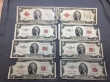 8 Count Lot of Vintage United States Jefferson $2 Red Seal Bill Currency Notes - Low Grade with