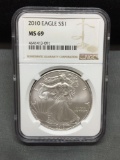 NGC Graded 2010 United States 1 Ounce .999 Fine Silver American Eagle Coin - MS 69