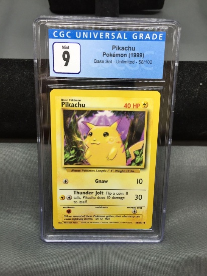 CGC Graded 1999 Pokemon Base Set Unlimited PIKACHU Yellow Cheeks Trading Card - MINT 9
