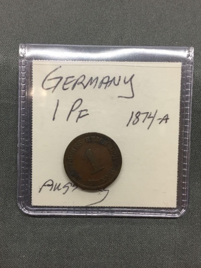 1874-A Germany 1 Pfennig Vintage Coin from Estate