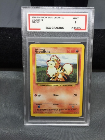 BSG Graded 1999 Pokemon Base Unlimited GROWLITHE Trading Card - MINT 9