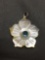Hand-Carved 23mm Diameter Mother of Pearl Hibiscus Flower Pendant w/ Round Blue Rhinestone Center &