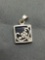 Square 10x10mm Floral Filigree Decorated Sterling Silver Signed Designer Pendant w/ Square Onyx