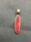 Oval Shaped 30mm Long 7mm Wide Sterling Silver High Polished Red Gemstone Inlaid Pendant