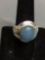 Full Bezel Set Oval 14x10mm Blue Chalcedony Cabochon Center w/ Round Diamond Accented Shoulders 14kt