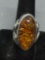 Large Oval 29x13mm Amber Cabochon Center Leaf Detailed Old Pawn Mexico Sterling Silver Ring Band