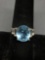 Oval Faceted 12x10mm Blue Topaz Center w/ Four Baguette Faceted CZ Sides High Polished Sterling