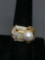 Round 8mm White Pearl Center Round Faceted CZ Accented Two-Tone High Polished Sterling Silver Ring