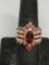 Marquise Faceted 11x6mm Garnet Center w/ Round Garnet Cluster Halo 22mm Long Signed Designer