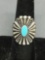 Antique Finished Groove Design 23mm Wide Sterling Silver Ring Band w/ Oval Turquoise Center
