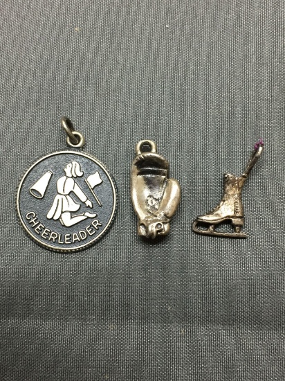 Lot of Three Sports Themed Sterling Silver Charms, One Cheerleader, Boxing Glove & Ice Skate