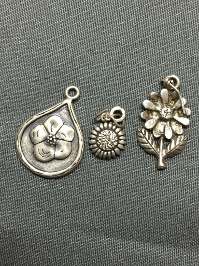 Lot of Three Flower Themed Sterling Silver Charms, Two Sunflower & One Hibiscus