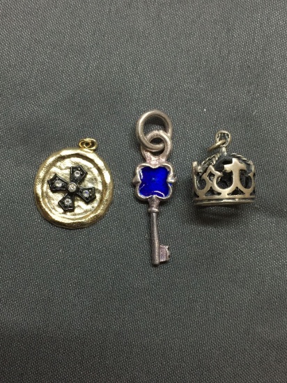 Lot of Three Sterling Silver Charms, One Cross Themed, Enameled Skeleton Key & Catholic Crown