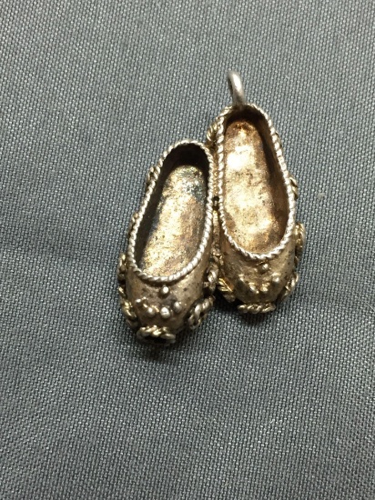 Large Ornate Detailed 25mm Tall 18mm Wide Pair of Ballerina Slippers Sterling Silver Pendant