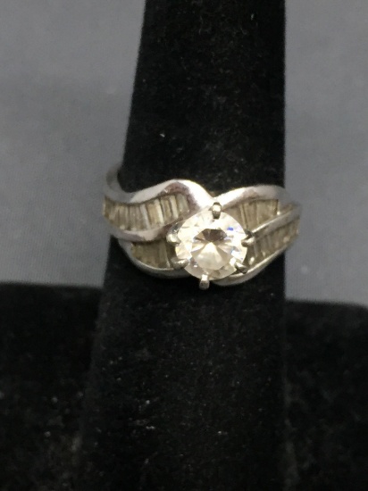 Round Faceted 6mm CZ Center w/ Twin Channel Set Tapered Baguette Accents Bypass Sterling Silver Ring