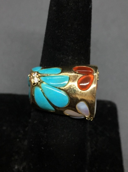 Floral Design Decorated w/ Inlaid Mother of Pearl, Amber & Turquoise Petals Gold-Tone Sterling