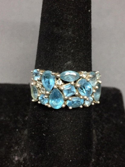 Round, Square Step, Pear & Marquise Faceted Blue Topaz Cluster Setting 11mm Wide Tapered Sterling