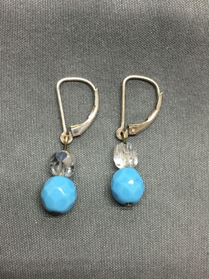 Briolette Faceted Two-Tier Beaded Blue & White Glass Bead Pair of Sterling Silver Drop Earrings