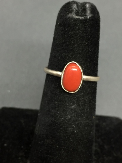 Oval 8x5mm Red Coral Cabochon Center Sterling Silver Ring Band