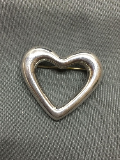 Zina Designer High Polished 38mm Wide 34mm High Sterling Silver Ribbon Heart Brooch