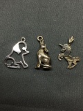 Lot of Three Animal Themed Sterling Silver Charms, One Puppy, Howling Wolf & Unicorn